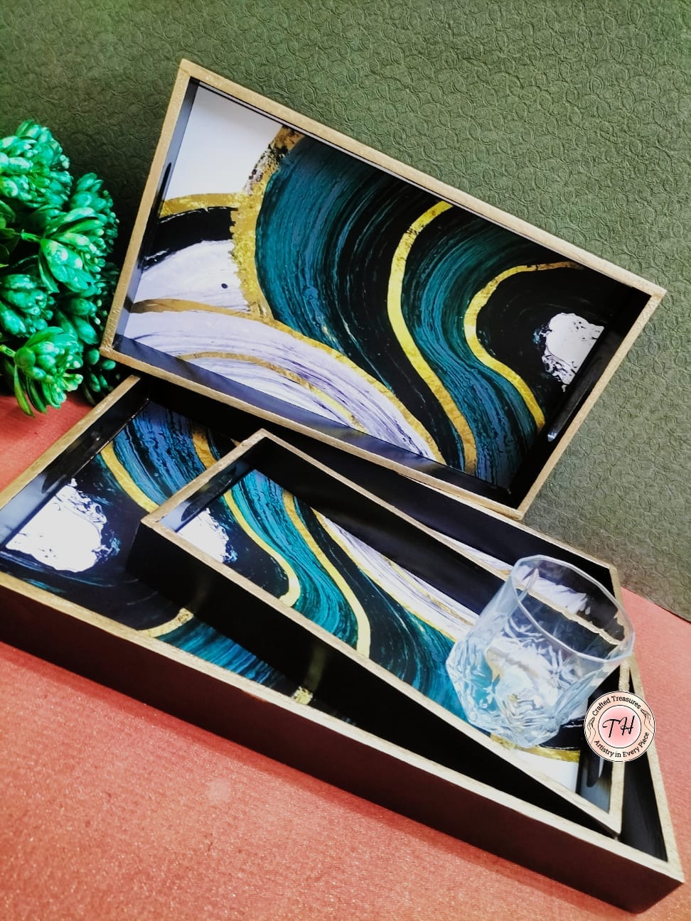 wooden with multicolor epoxy print  , set of 3 trays for home/ office/ gift item